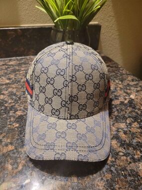 Gucci GG Monogram Baseball Cap in Beige/Navy Blue with Red/Blue Web Stripe
